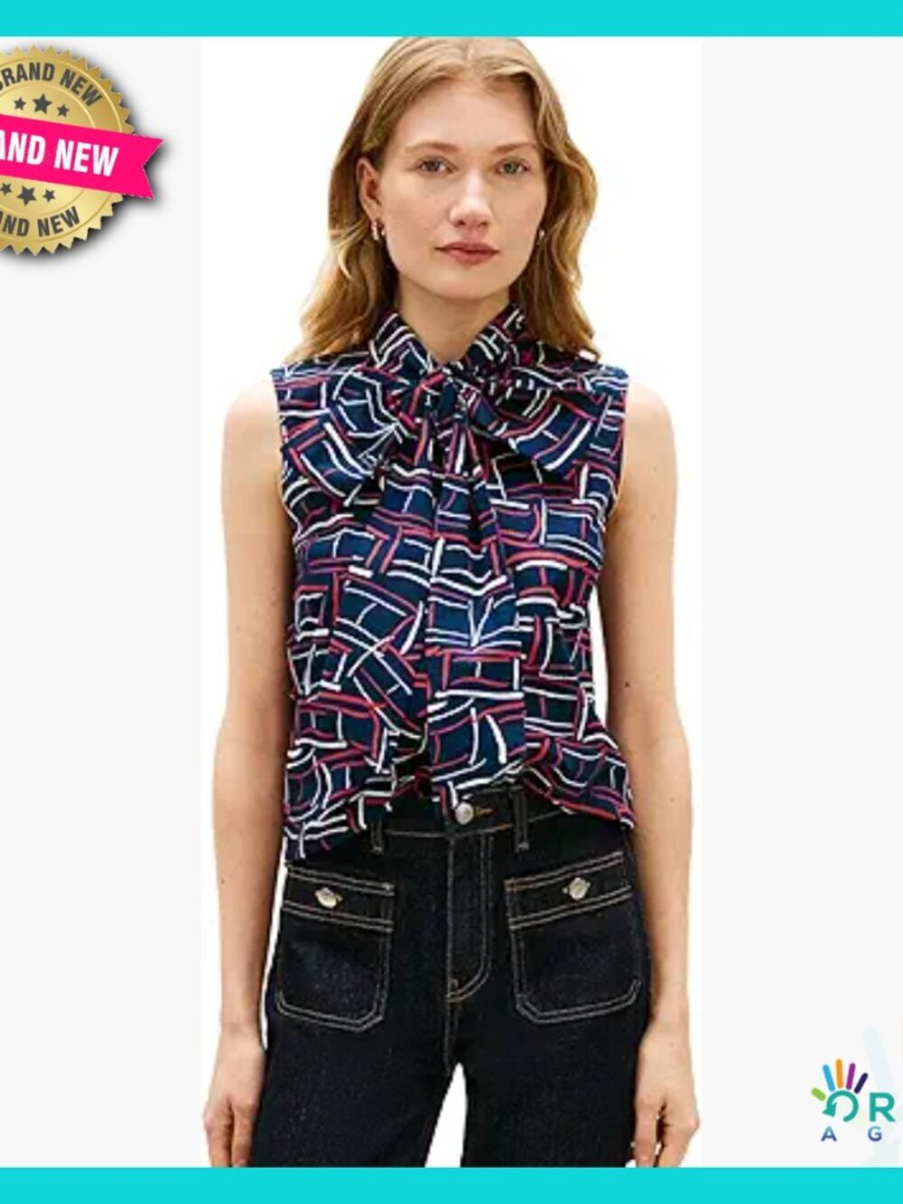 Sleeveless Cotton Button Down Blouse Bow Tie Detail Chic Preppy Elegant